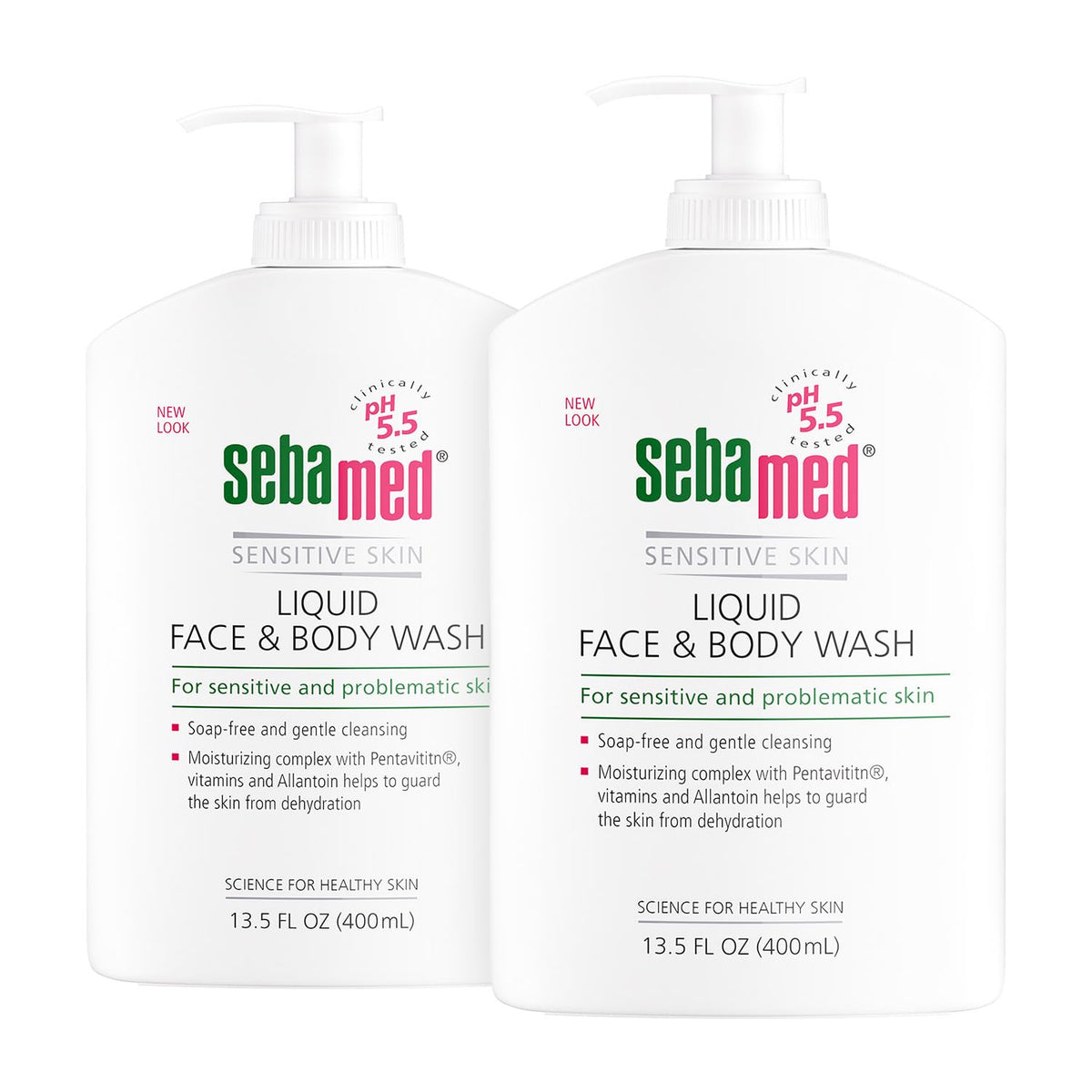SEBAMED liquid face and body wash pump bottle provides convenient daily cleansing.