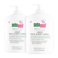 SEBAMED liquid face and body wash pump bottle provides convenient daily cleansing.