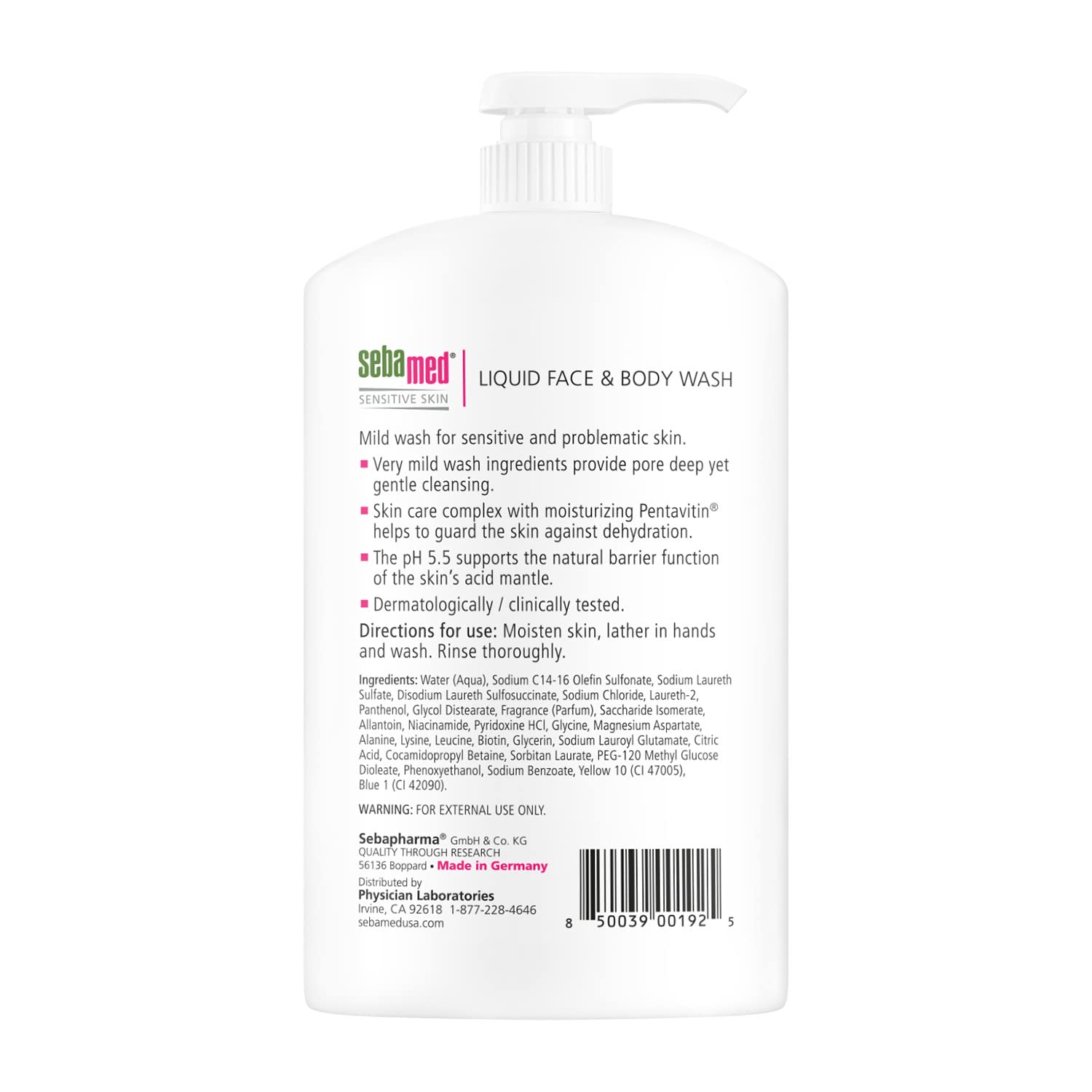 SEBAMED Sensitive Skin Wash bottle close-up showing pH 5.5 formula for healthy skin.