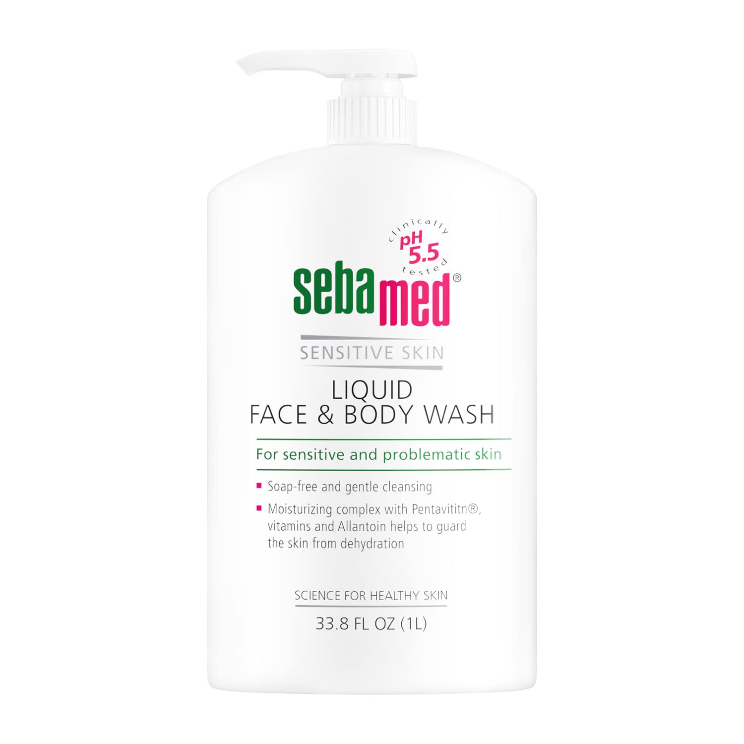 SEBAMED Sensitive Skin Face and Body Wash bottle with pump for gentle cleansing and barrier support.