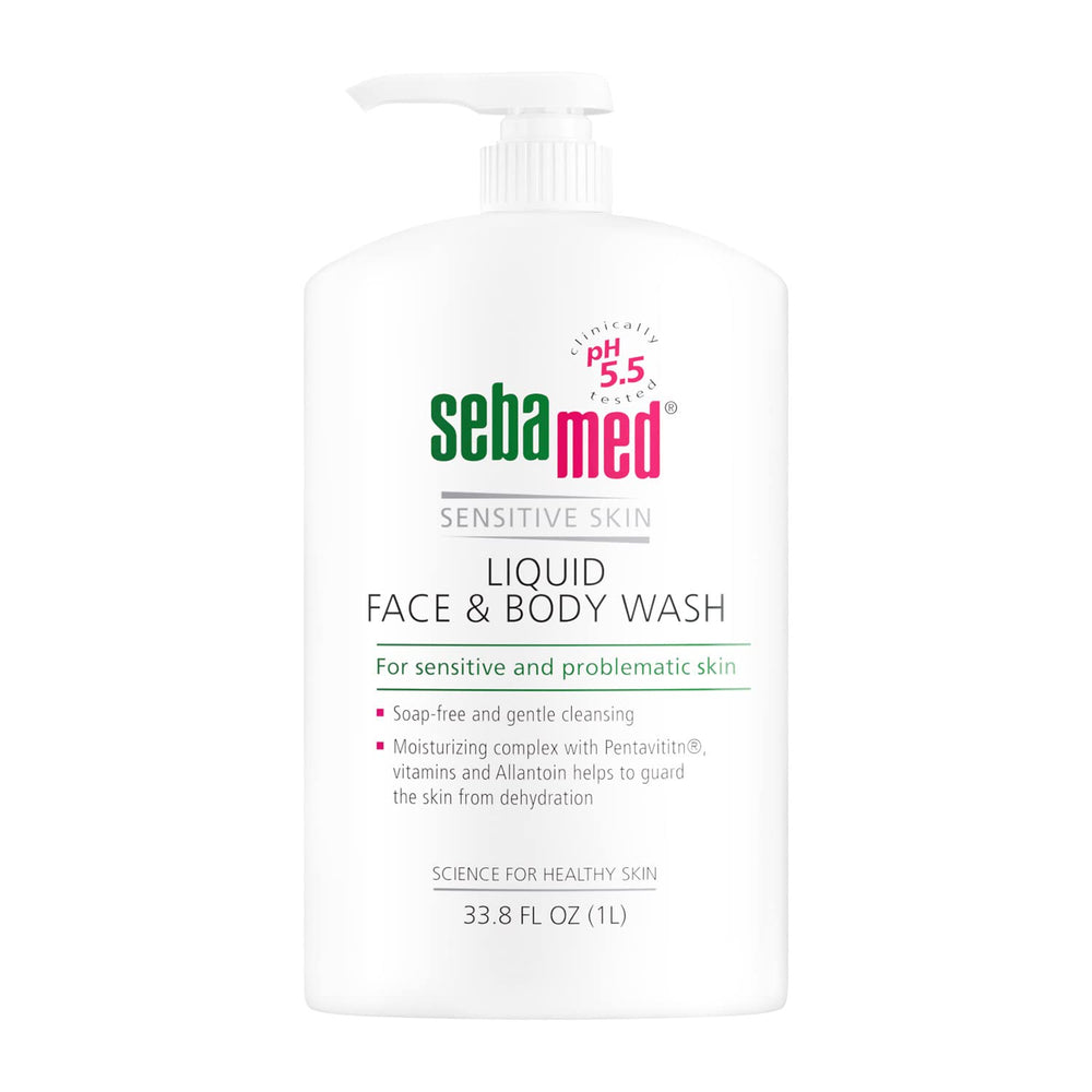 SEBAMED Sensitive Skin Face and Body Wash bottle with pump for gentle cleansing and barrier support.