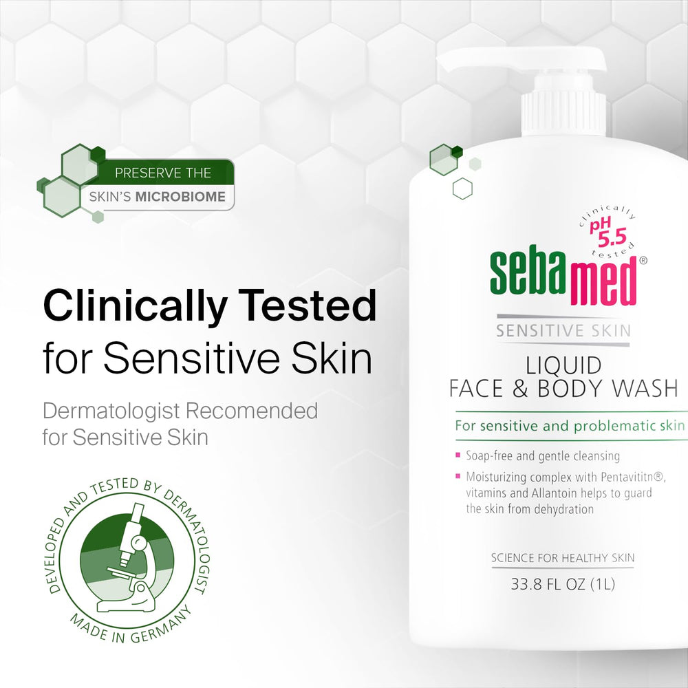 SEBAMED formula highlights Allantoin, Pentavitin, and vitamin blend for hydration.
