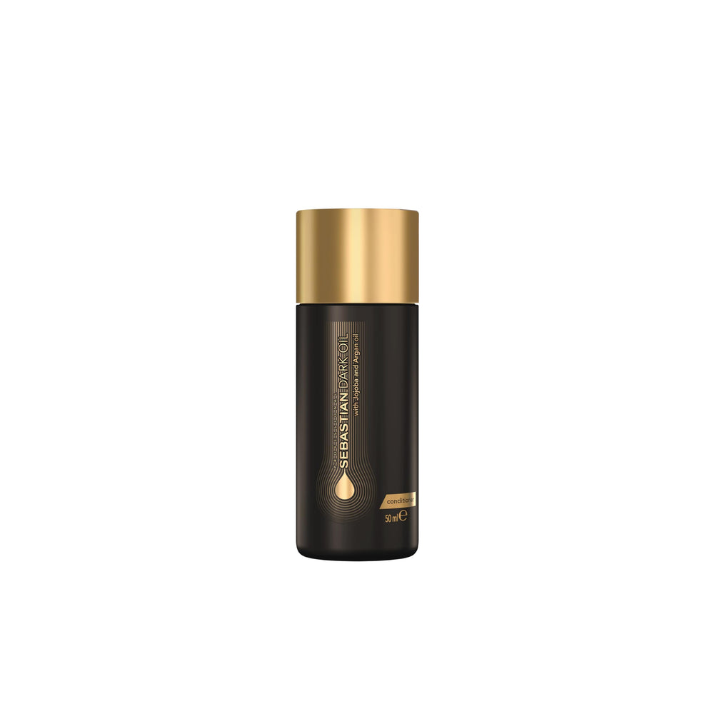 Sebastian Dark Oil bottle close-up showing lightweight detangling benefits.