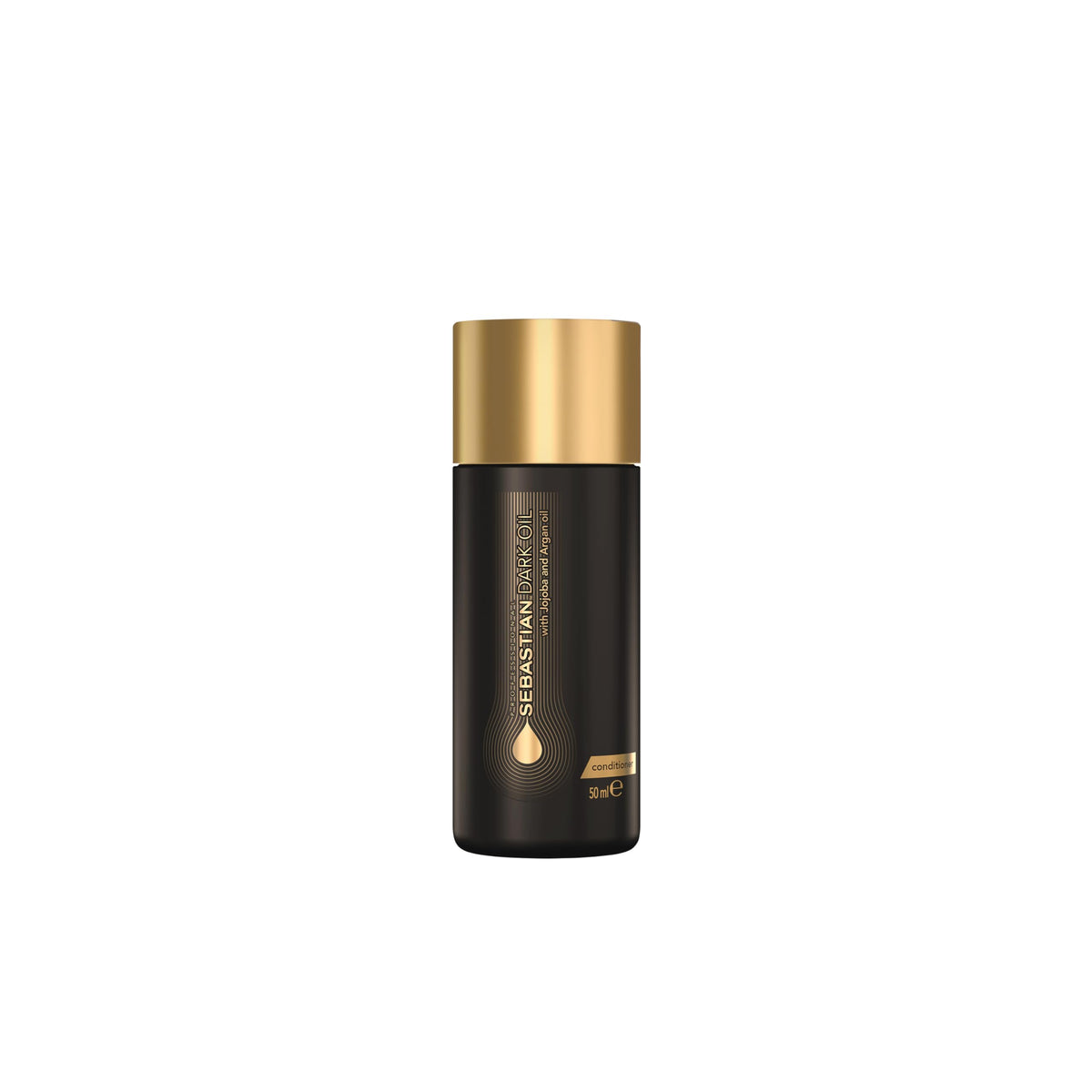 Sebastian Dark Oil bottle close-up showing lightweight detangling benefits.