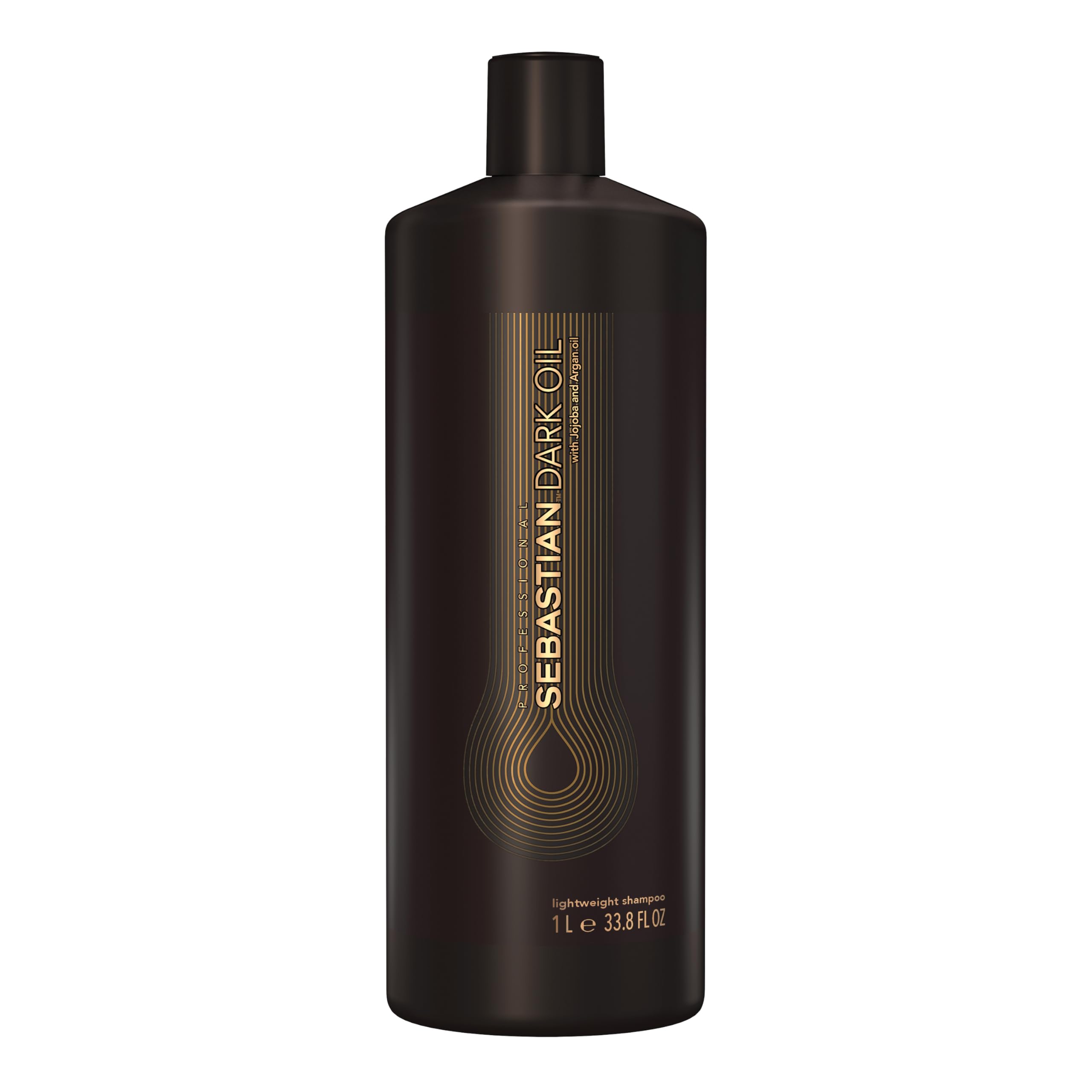 Sebastian Dark Oil Lightweight Shampoo bottle showcases a nourishing formula for shine.