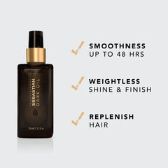 Sebastian Dark Oil pump dispense demonstrates easy, controlled application for dry or damp hair.