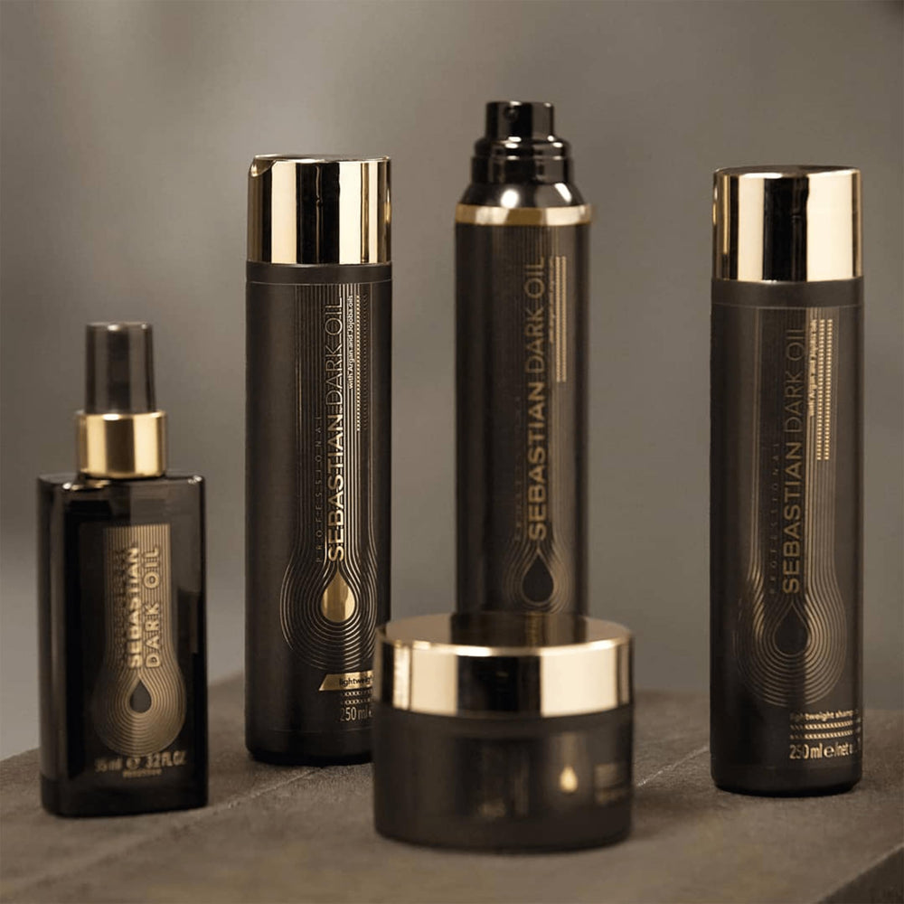 Sebastian Dark Oil Shampoo shelf packaging highlighted in product scene for easy display.