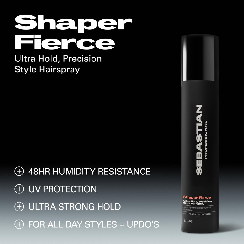 Sebastian Shaper Fierce upside-down spray demonstrates buildable hold and flexible styling.