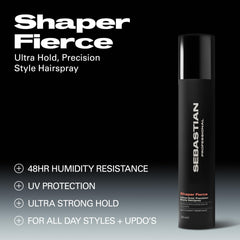 Sebastian Shaper Fierce upside-down spray demonstrates buildable hold and flexible styling.