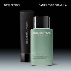 Sebastian Volupt Max bottle side view highlighting lightweight cleansing formula for fine hair