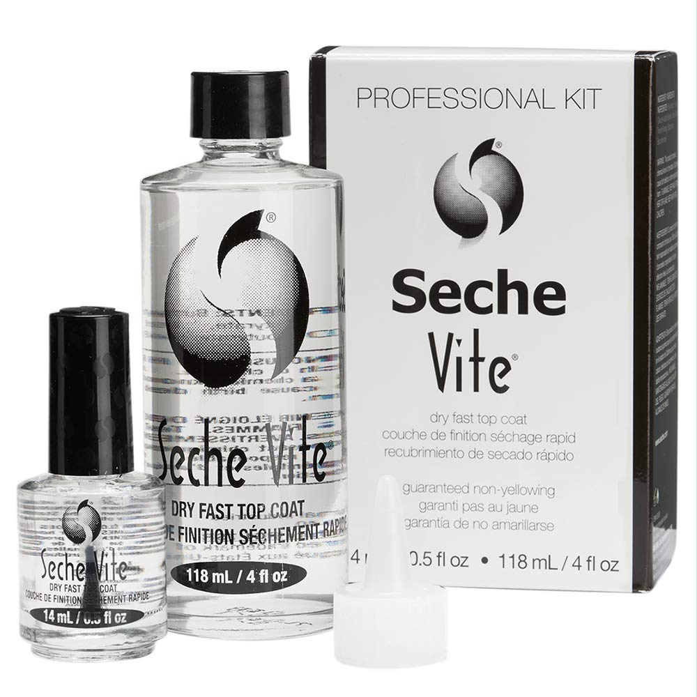 Seche Vite cobertura transparente y aplicación rápida para uñas naturales y geles.