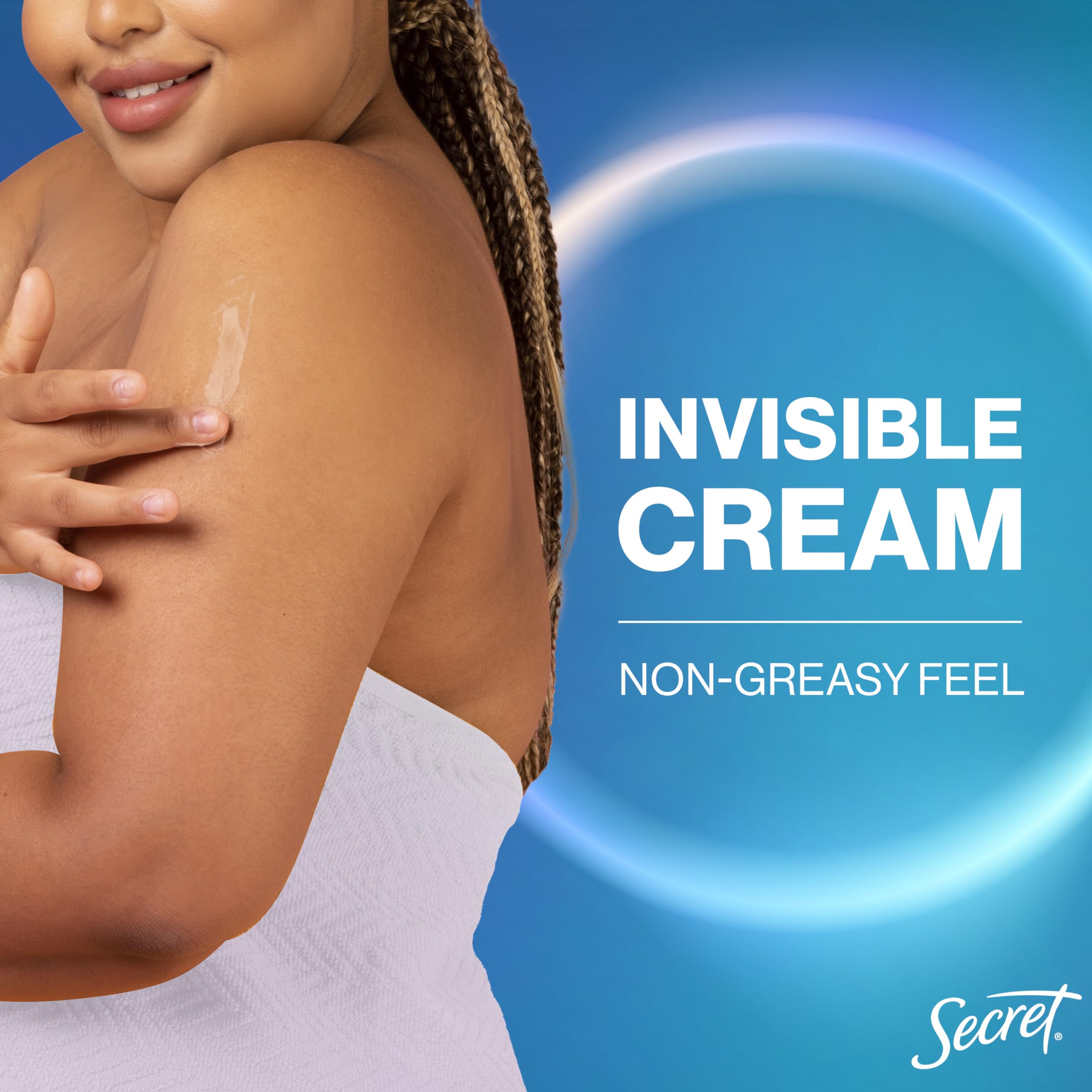 Secret aluminum-free badge emphasizes gentle formulation for sensitive skin.