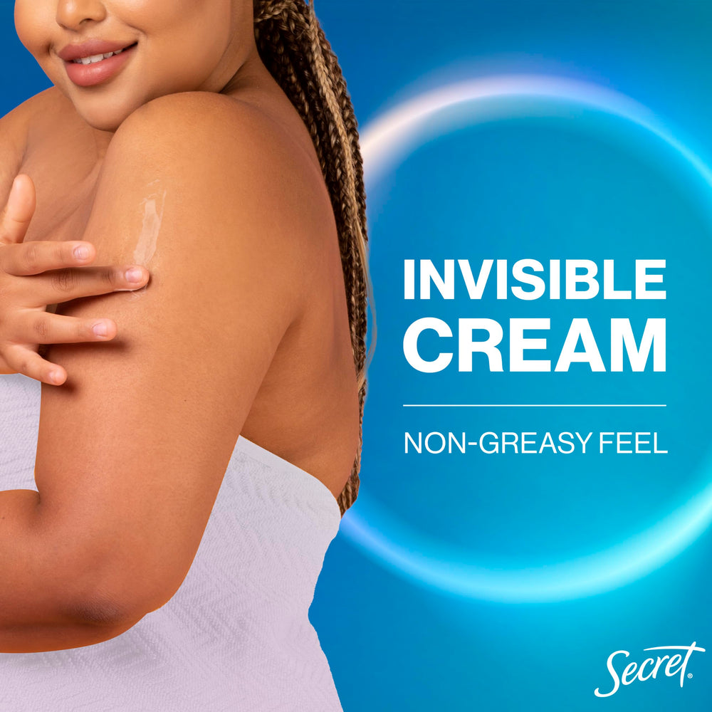 Secret aluminum-free badge emphasizes gentle formulation for sensitive skin.