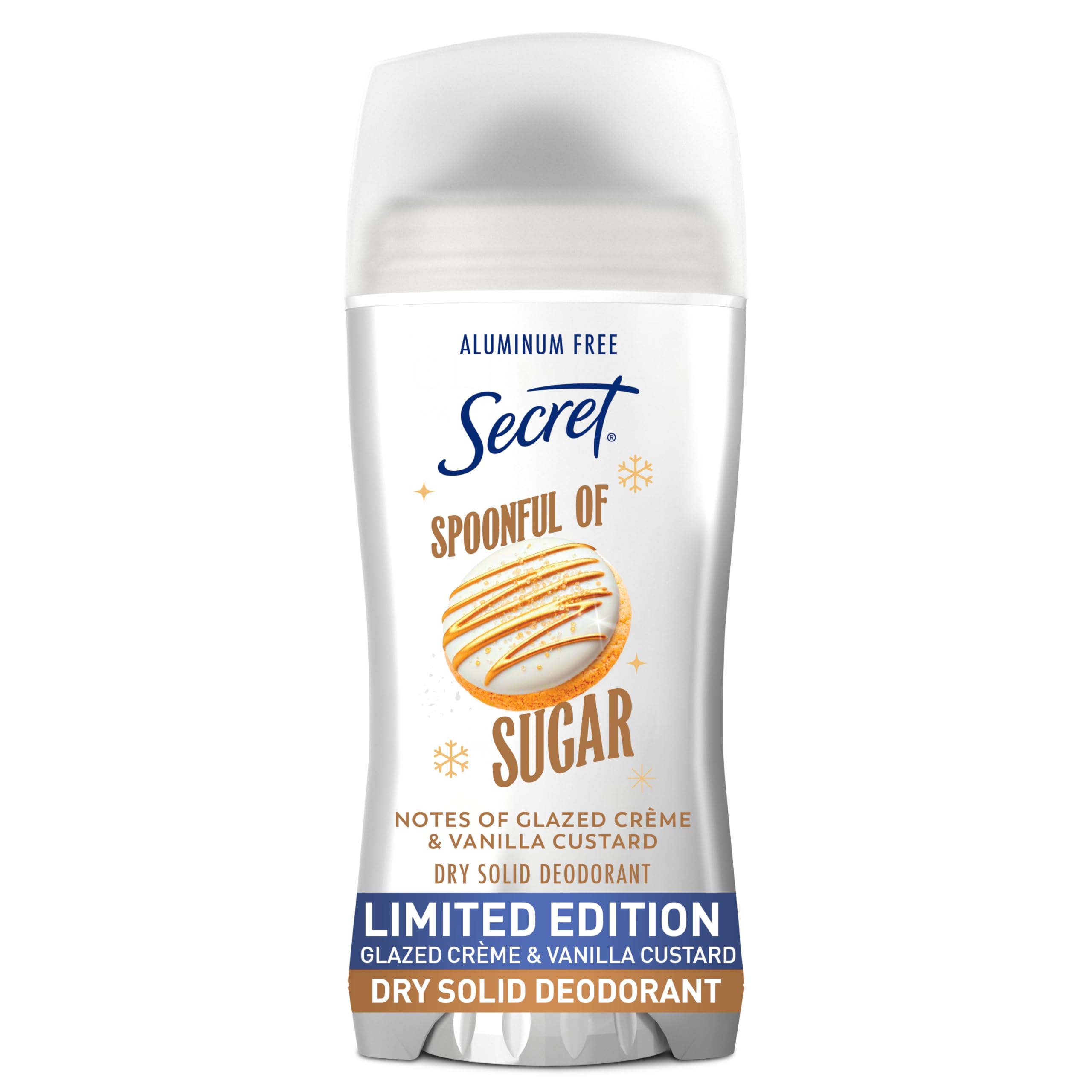 Secret aluminum-free deodorant holiday dry solid stick shows smooth, long-lasting protection.