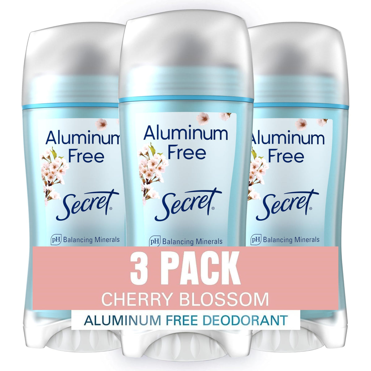Secret Cherry Blossom aluminum-free deodorant bottle close-up showing long-lasting protection