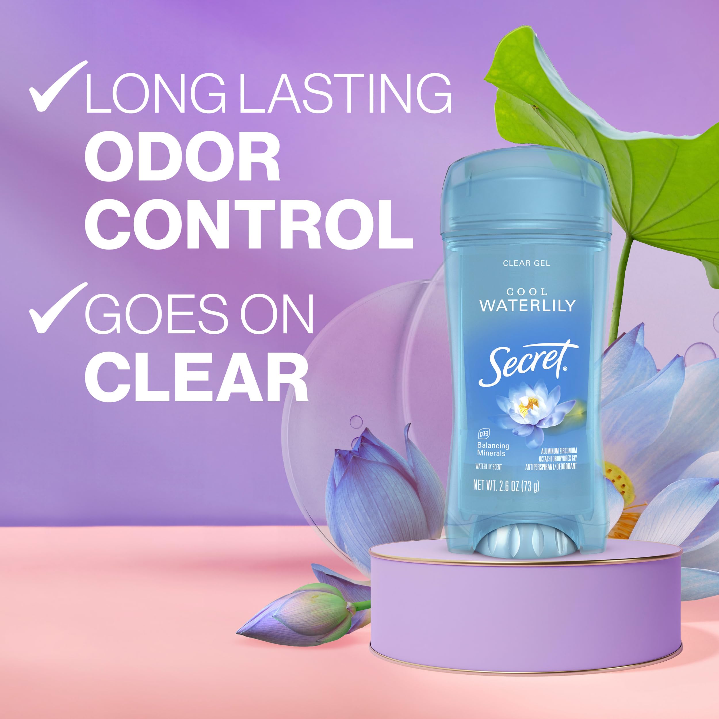 Secret clear gel formula drying quickly with no residue on skin.