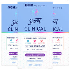 Secret Clinical Strength lavender invisible solid stick offers all-day protection.