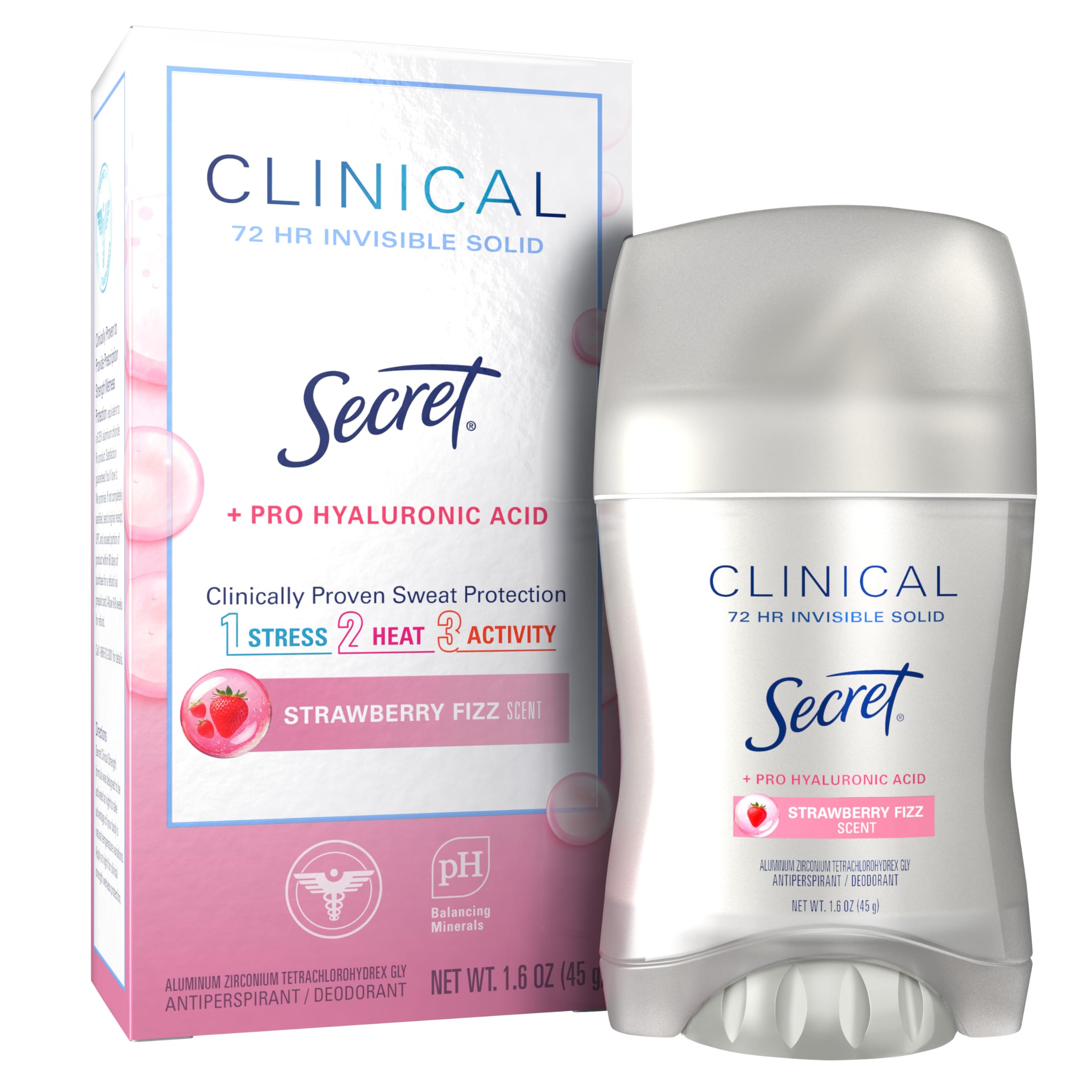 Secret Clinical Strength muestra la botella y la aplicación para protección duradera durante el día.