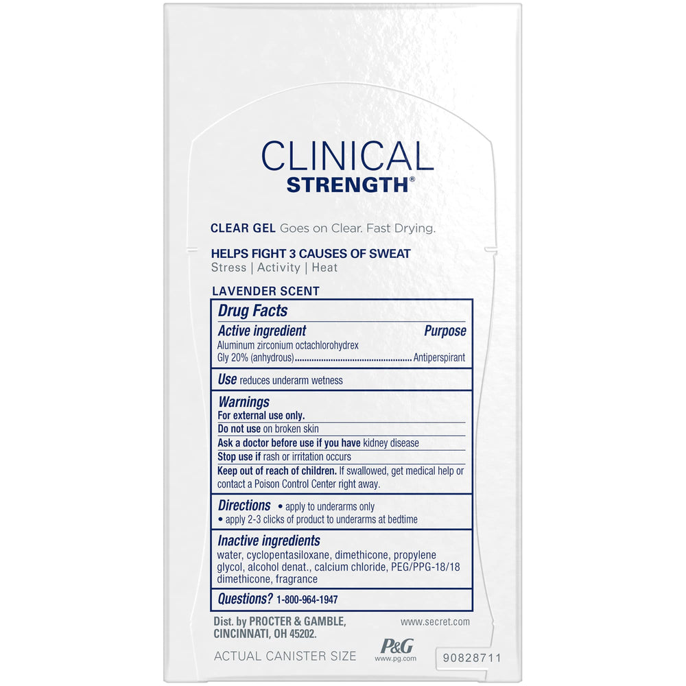Secret Clinical Strength Clear Gel bottle back showing label and usage notes for confident application.