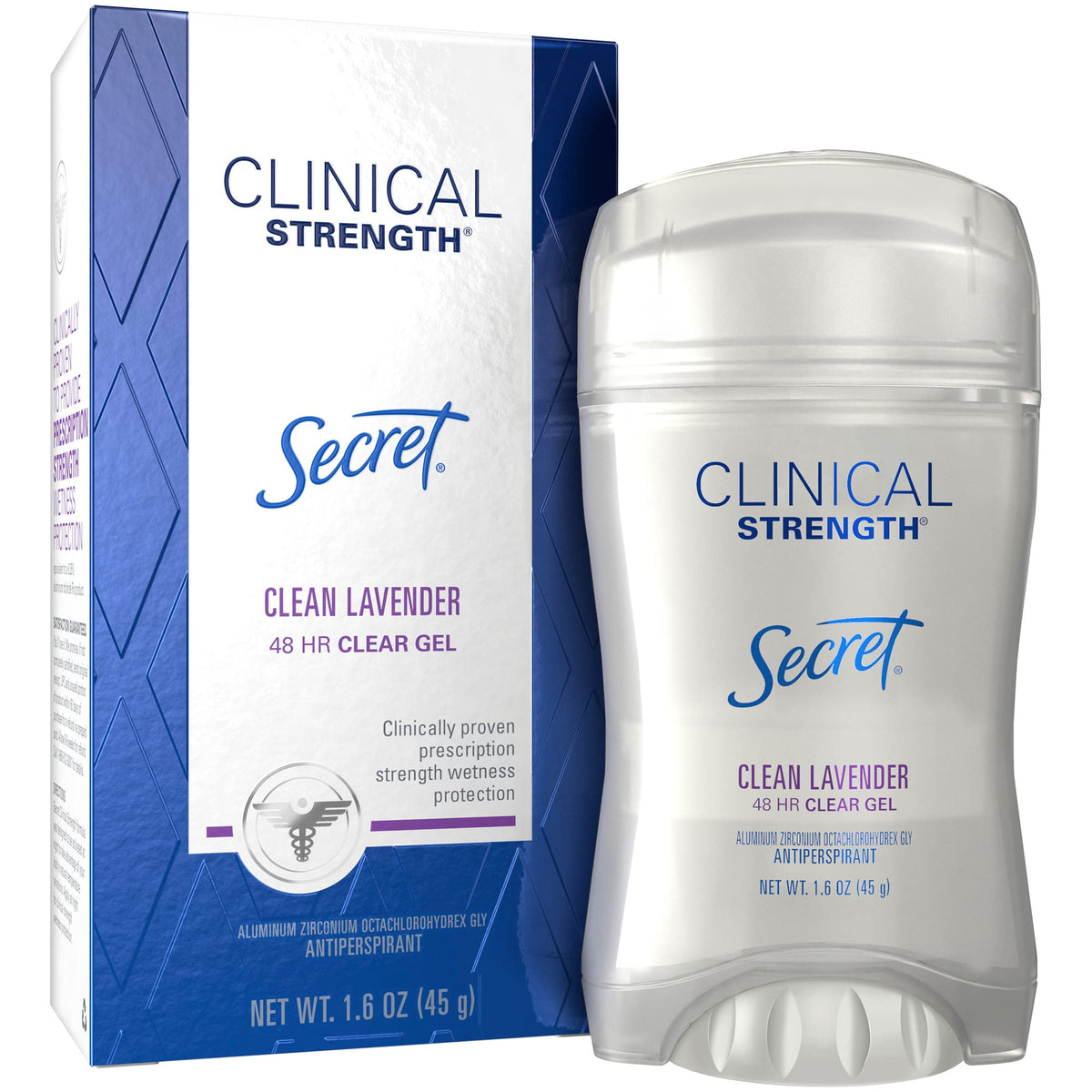 Secret Clinical Strength Clear Gel bottle front with lavender scent for all-day protection.
