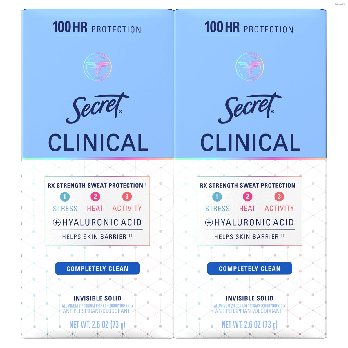 Secret Clinical Strength deodorant packaging shows a two-pack for daily protection