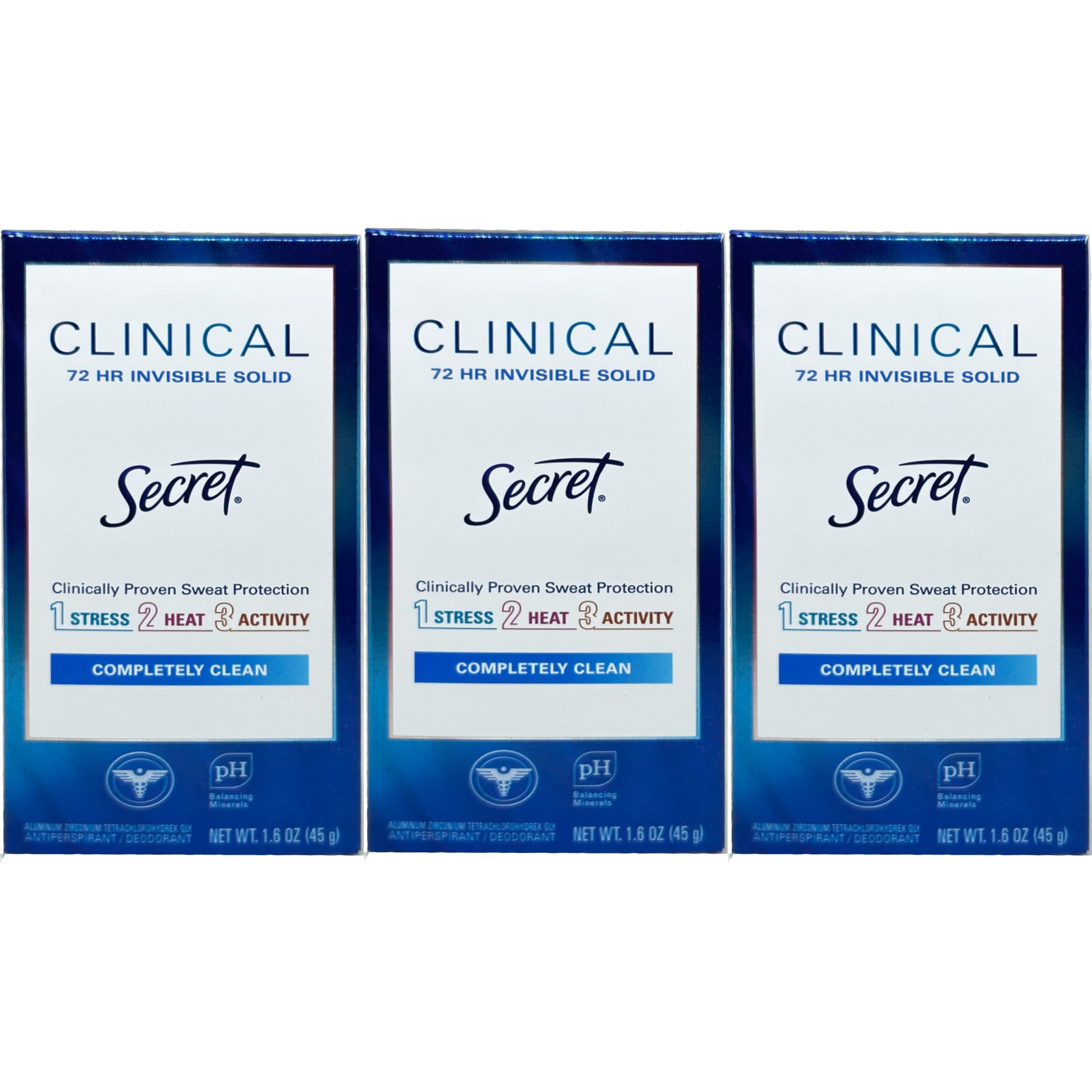 Secret Clinical Strength invisible solid deodorant 3-pack on shelf for long-lasting protection.