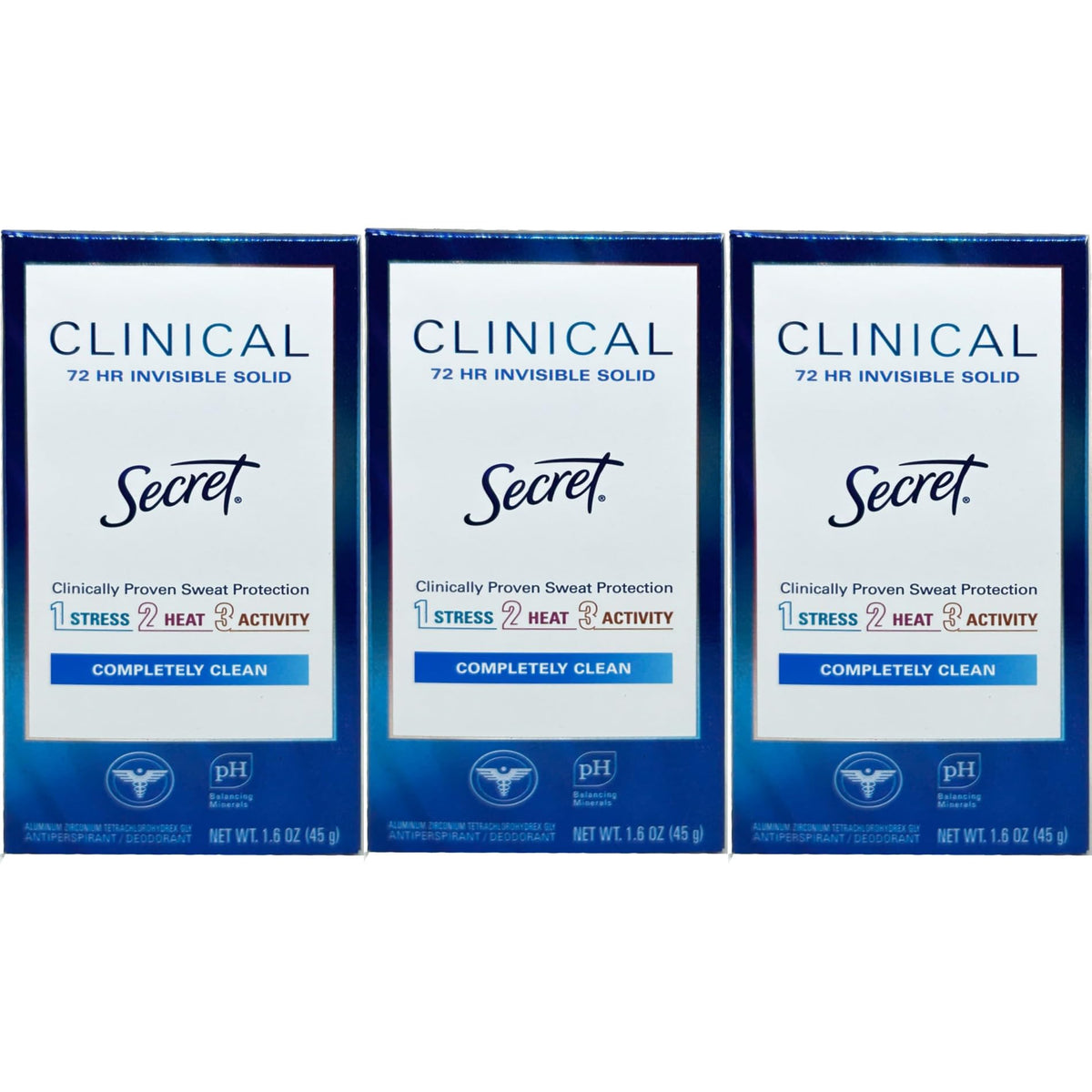 Secret Clinical Strength invisible solid deodorant 3-pack on shelf for long-lasting protection.