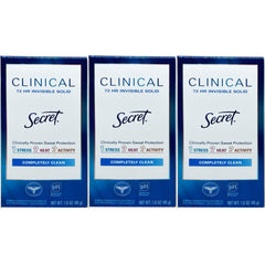 Secret Clinical Strength invisible solid deodorant 3-pack on shelf for long-lasting protection.