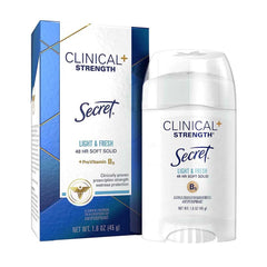 Secret Clinical Strength Soft Solid deodorant packaging with light and fresh scent.