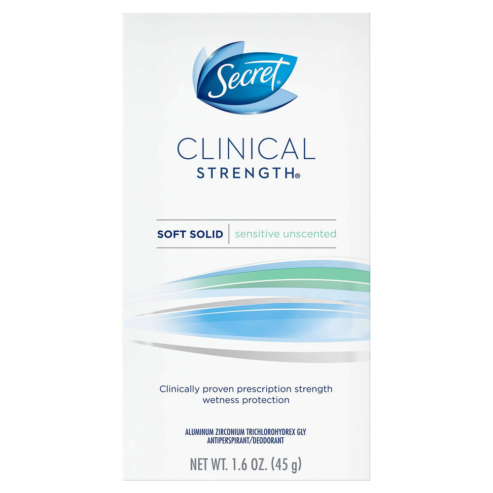 Desodorante Secret clinico suave sólido sensitivo sin fragancia en botella, protección duradera.