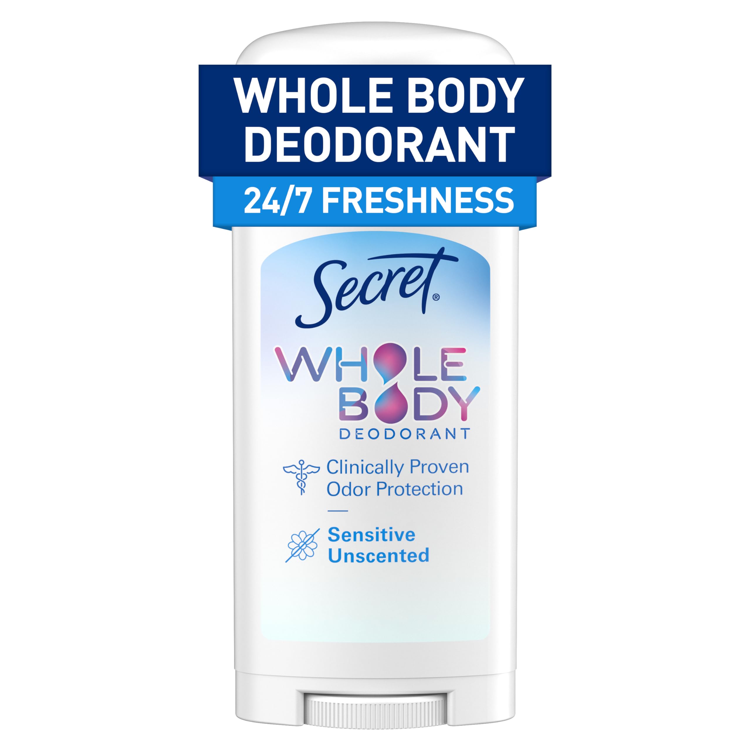Secret desodorante en barra para el cuerpo, envase compacto y práctico.