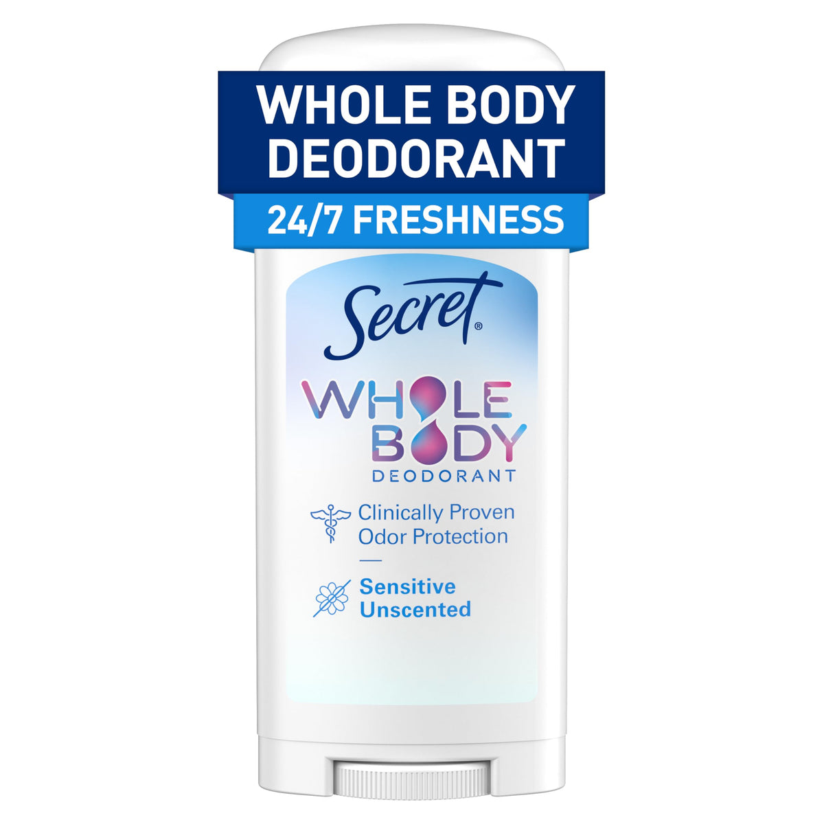 Secret desodorante en barra para el cuerpo, envase compacto y práctico.