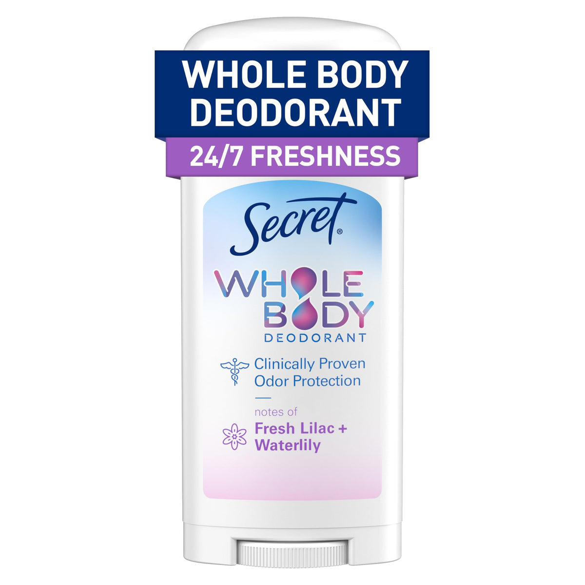 Secret desodorante cuerpo mujer, fragancia suave lila y lirio de agua para uso diario.