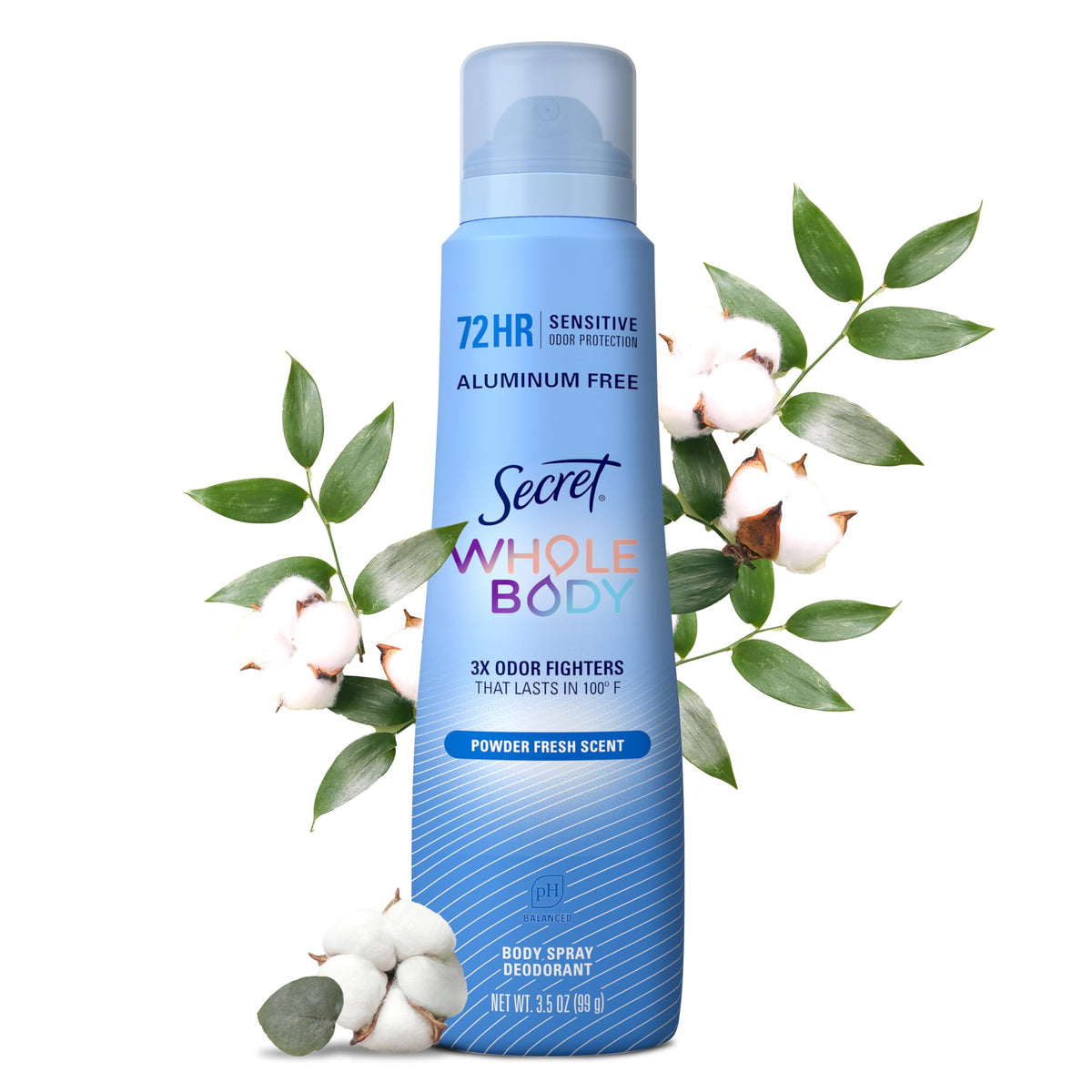 Secret desodorante corporal sin aluminio, frasco con aerosol, frescura para todo el cuerpo