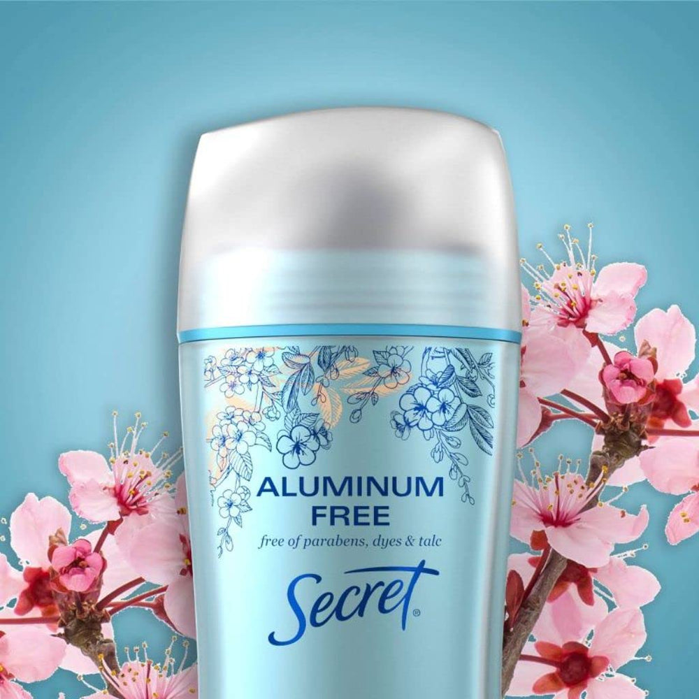 Secret desodorante sin aluminio Cherry Blossom, fragancia floral suave para confianza diaria.