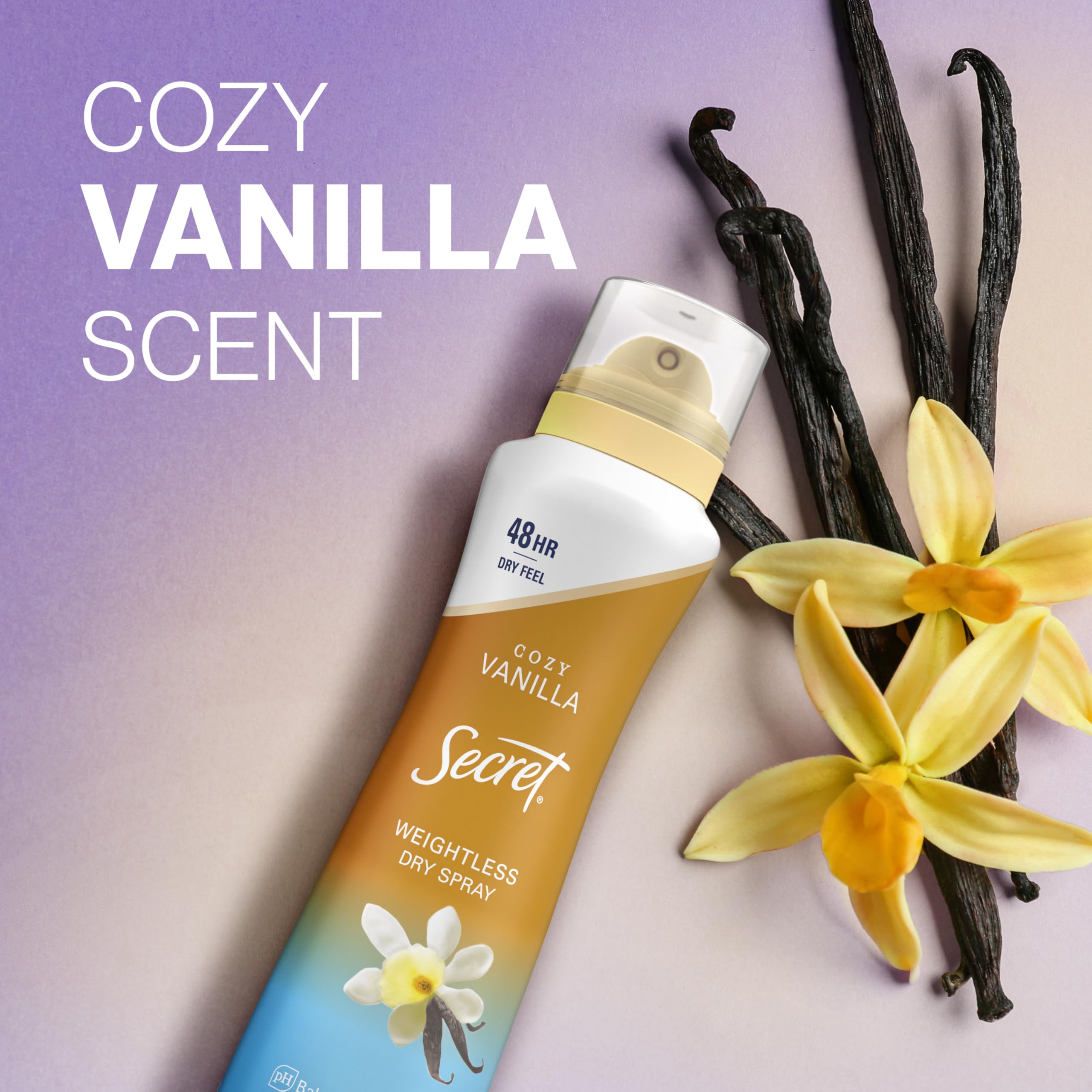 Secret Dry Spray mineral-pH balance emphasizes skin-friendly formula.