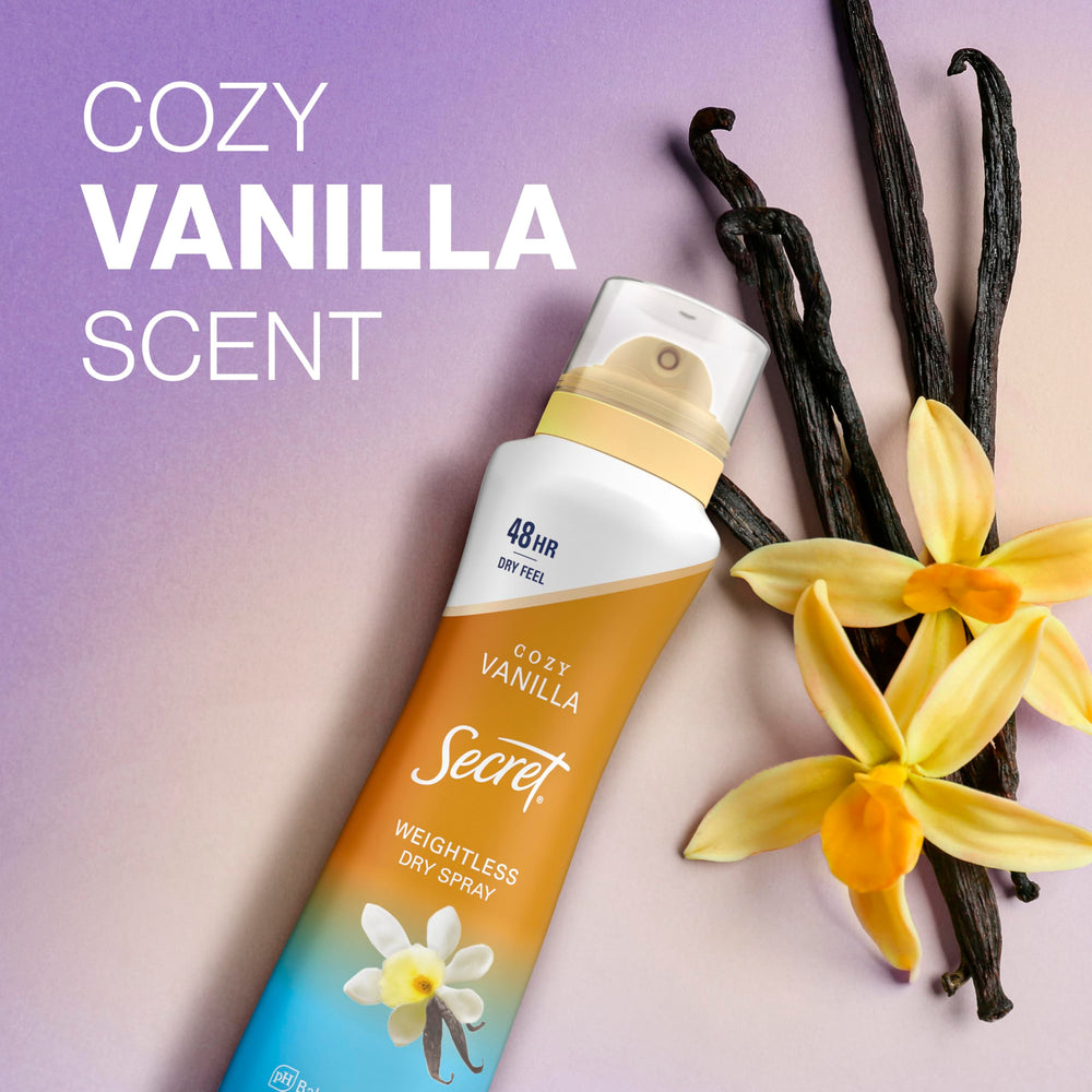 Secret Dry Spray mineral-pH balance emphasizes skin-friendly formula.