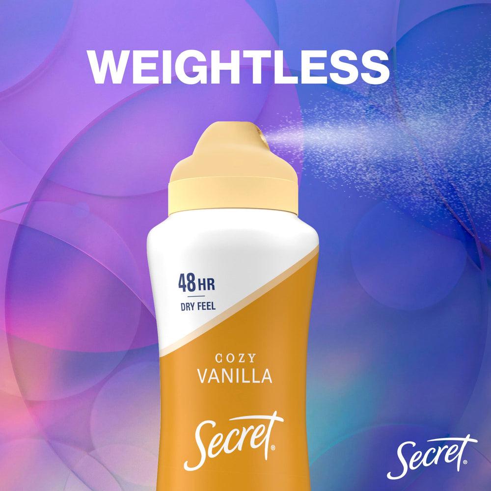 Secret Dry Spray underarm close-up highlights gentle skin feel.