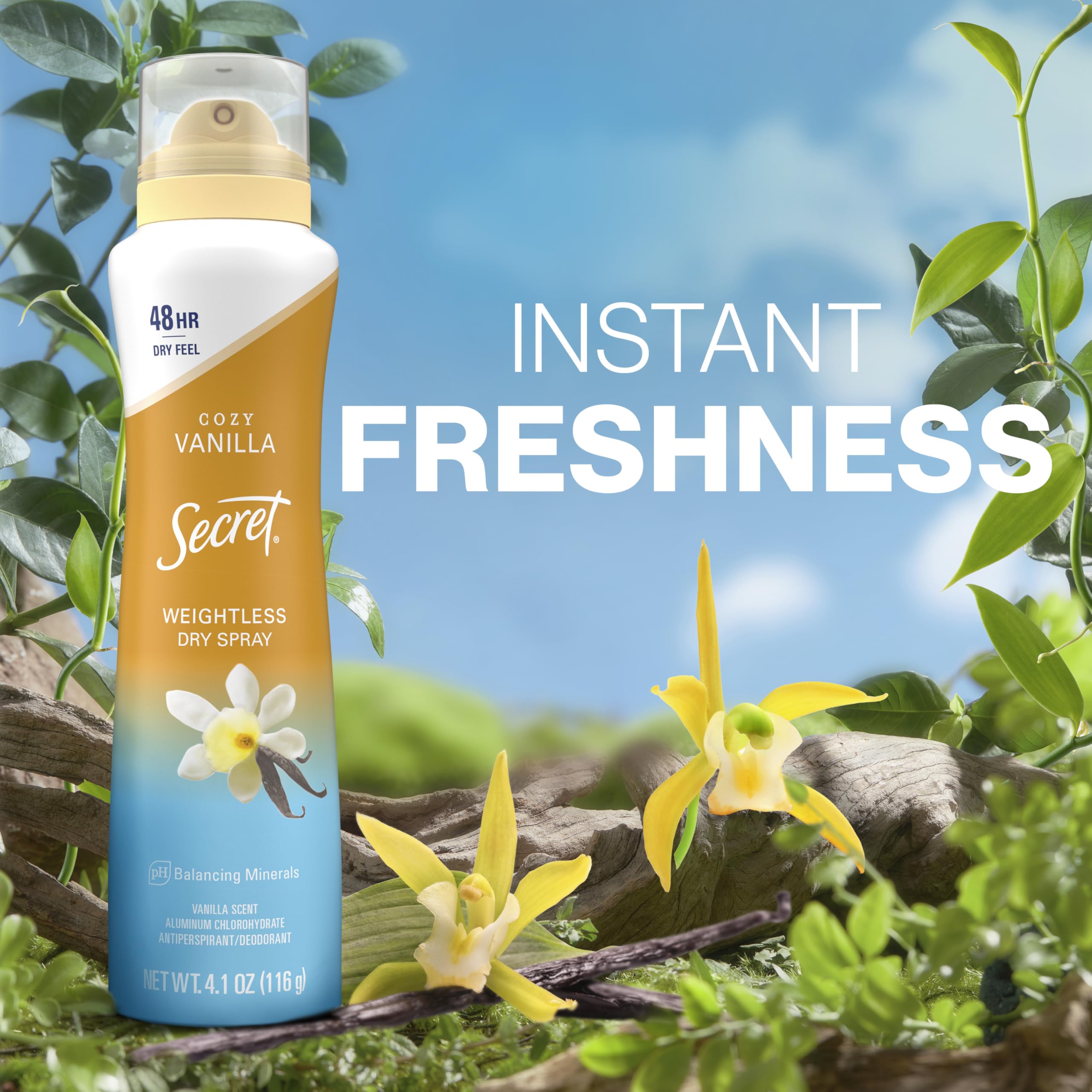 Secret Dry Spray vanilla-scent close-up reveals Cozy Vanilla aroma.