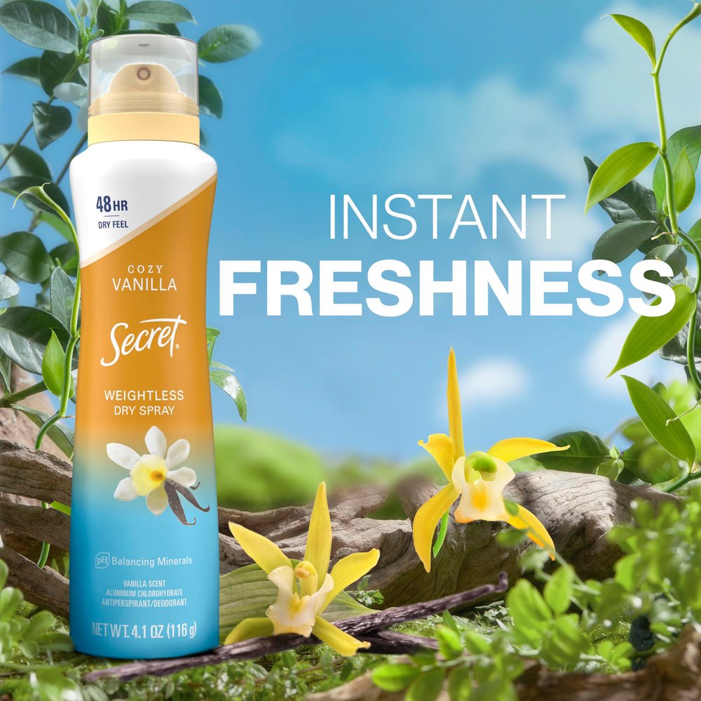 Secret Dry Spray vanilla-scent close-up reveals Cozy Vanilla aroma.