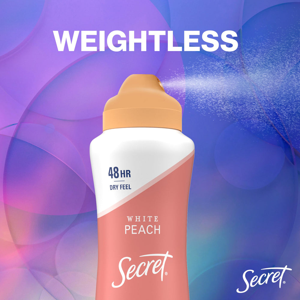 Secret Dry Spray White Peach scent can emphasizing refreshing fragrance.