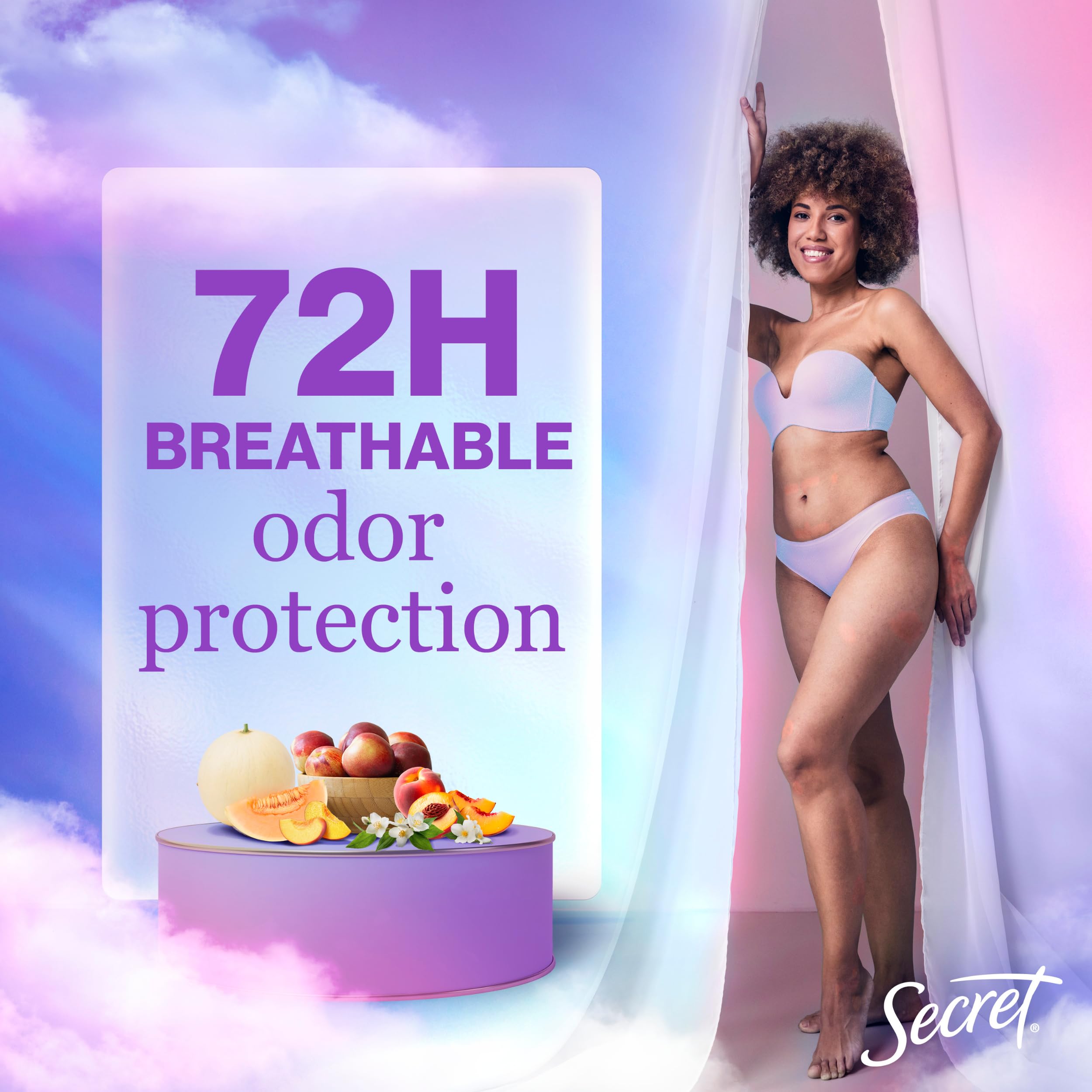 Secret Fresh 72hr odor protection close-up highlighting extended freshness.
