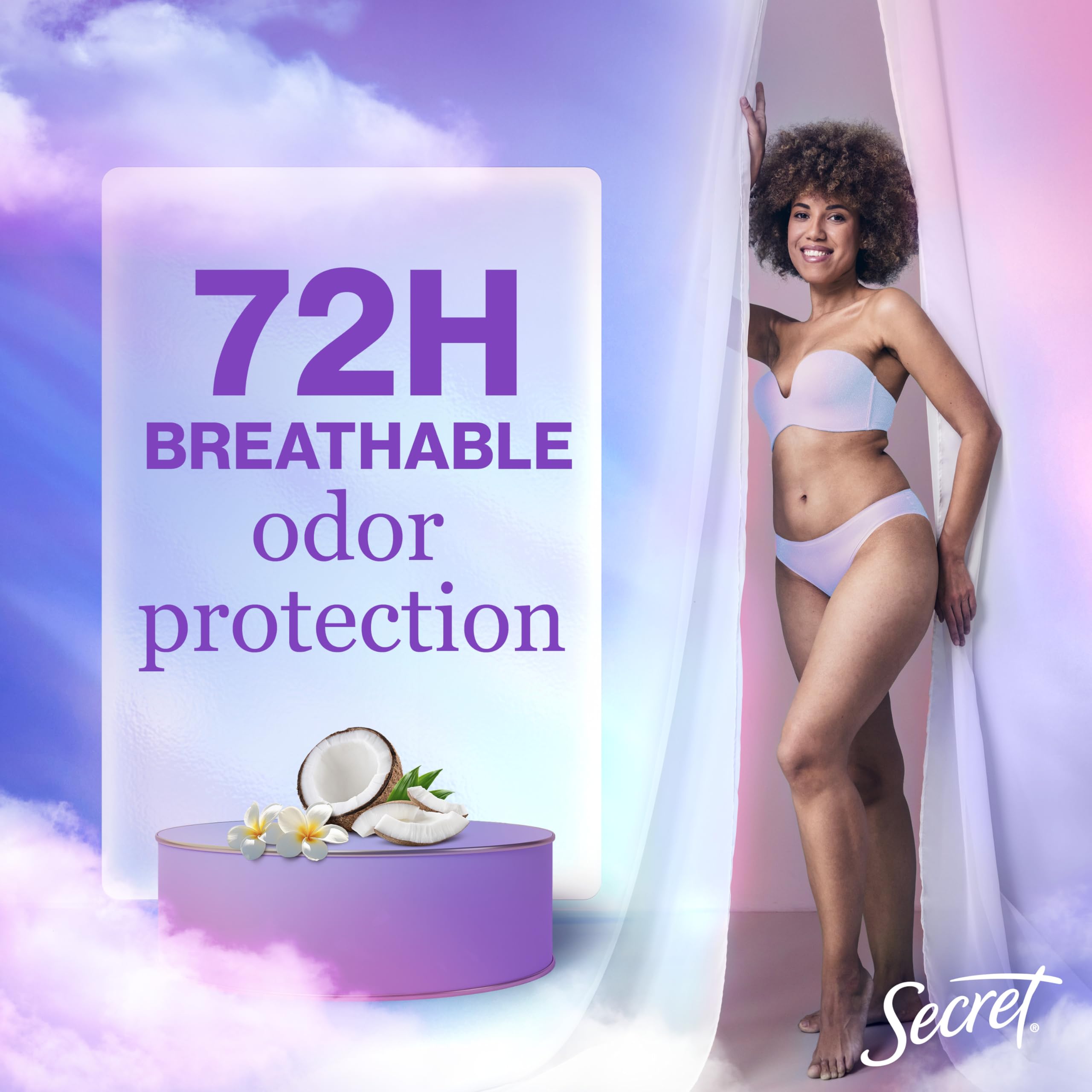 Secret Fresh 72hr odor protection label emphasizes extended freshness.
