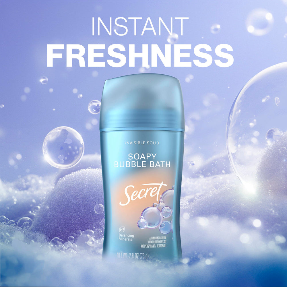 Secret Fresh container highlights 72-hour odor protection for busy days.