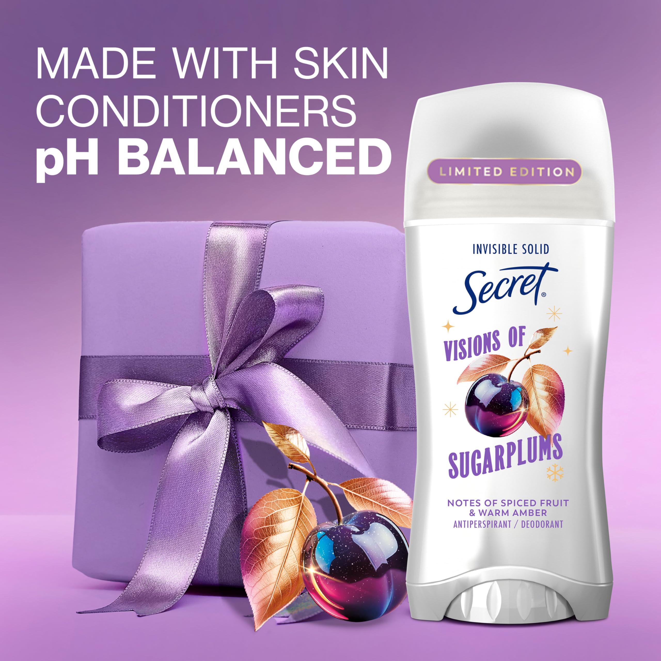 Secret Fresh antitranspirante, aroma sugarplum navideño con frutas y ámbar.