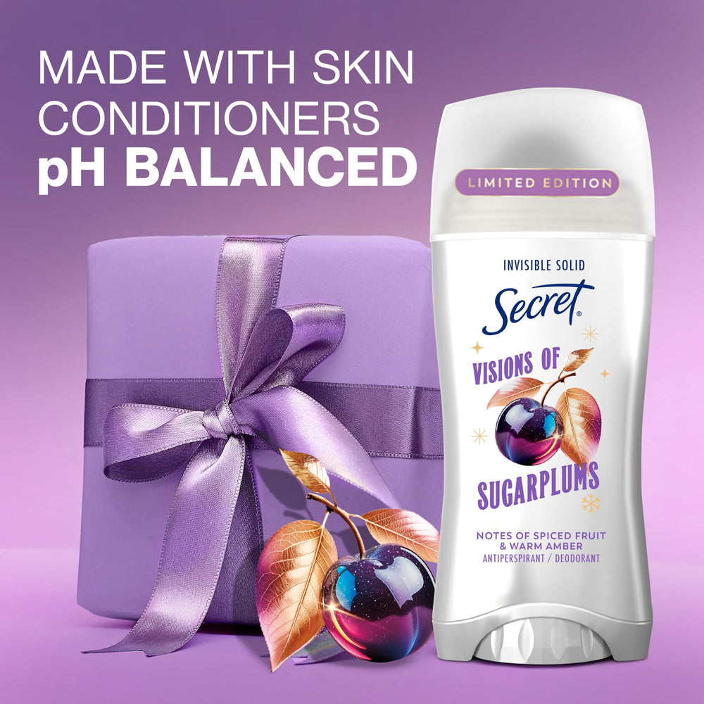 Secret Fresh antitranspirante, aroma sugarplum navideño con frutas y ámbar.