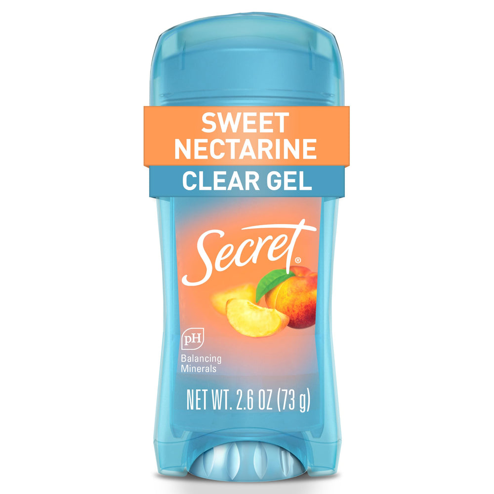 Secret Fresh clear gel deodorant bottle showing instant odor protection and quick dry.