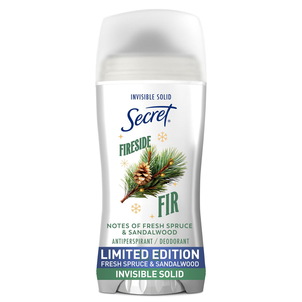 Secret Fresh Holiday bottle front shows Fireside Fir scent for all-day confidence.