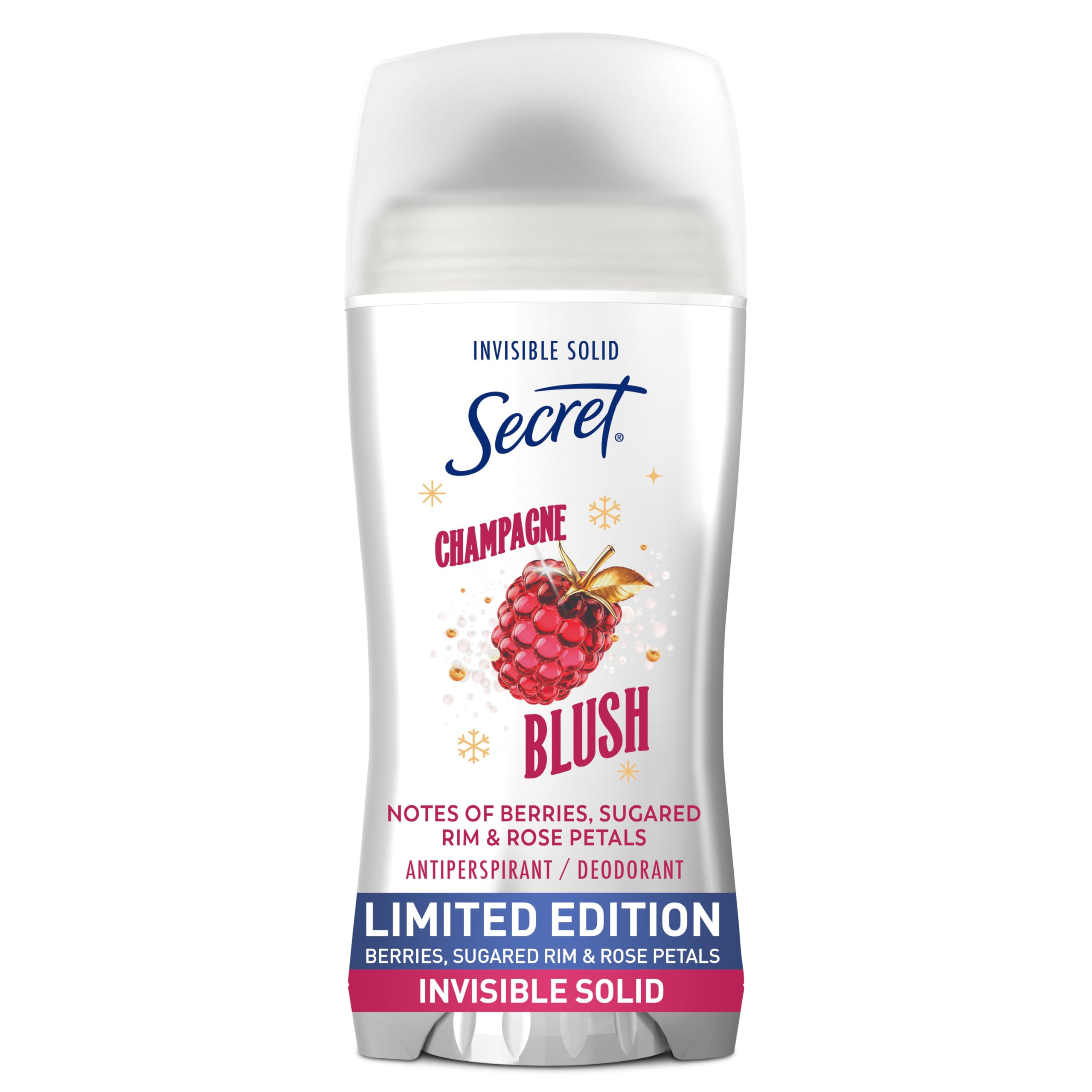 Secret Fresh Holiday deodorant bottle shows Champagne Blush scent and 72-hour protection
