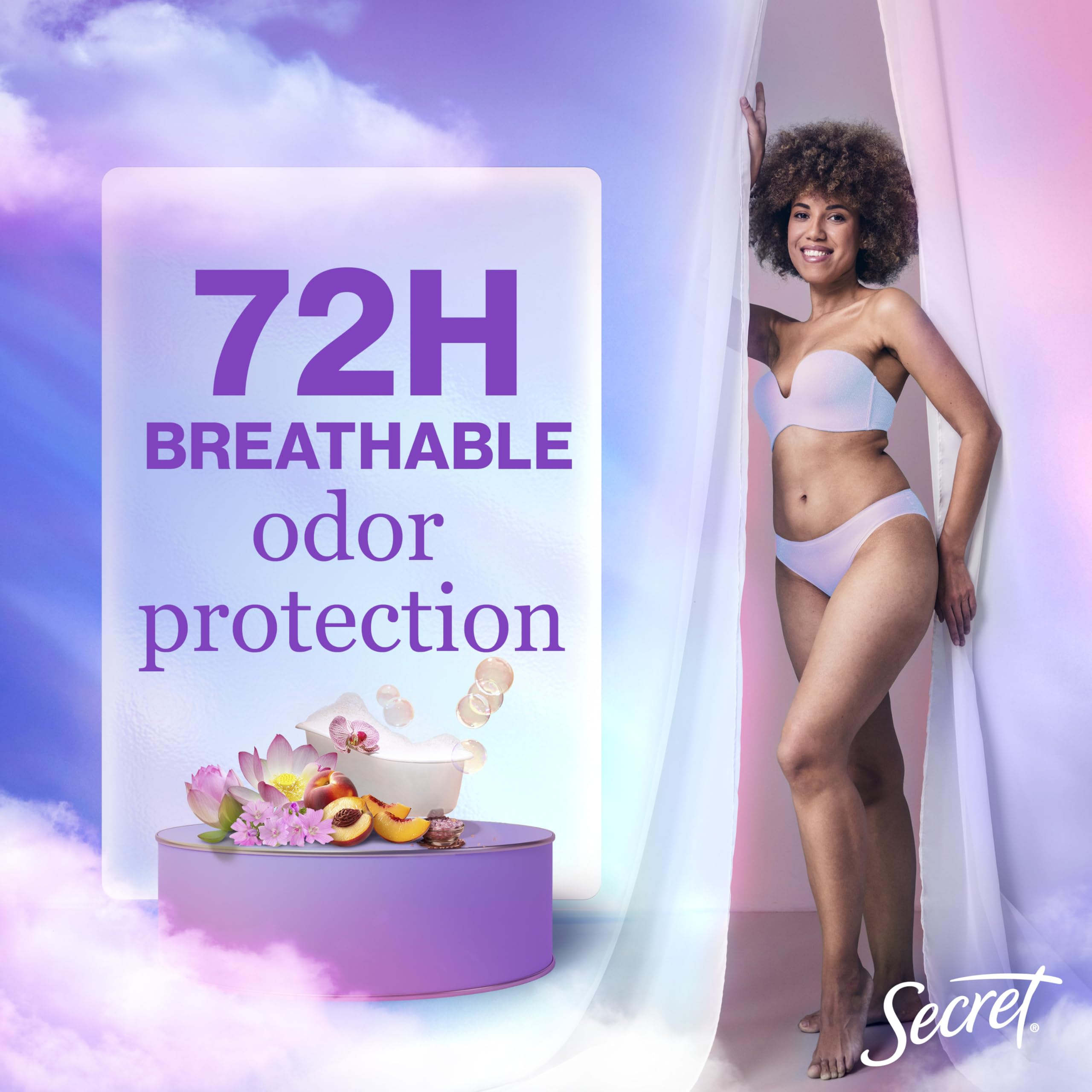 Secret Fresh invisible solid is applied for smooth, breathable odor protection.